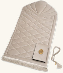 Mihrab prayer set in beige velvet with matching Quran cover and tasbih