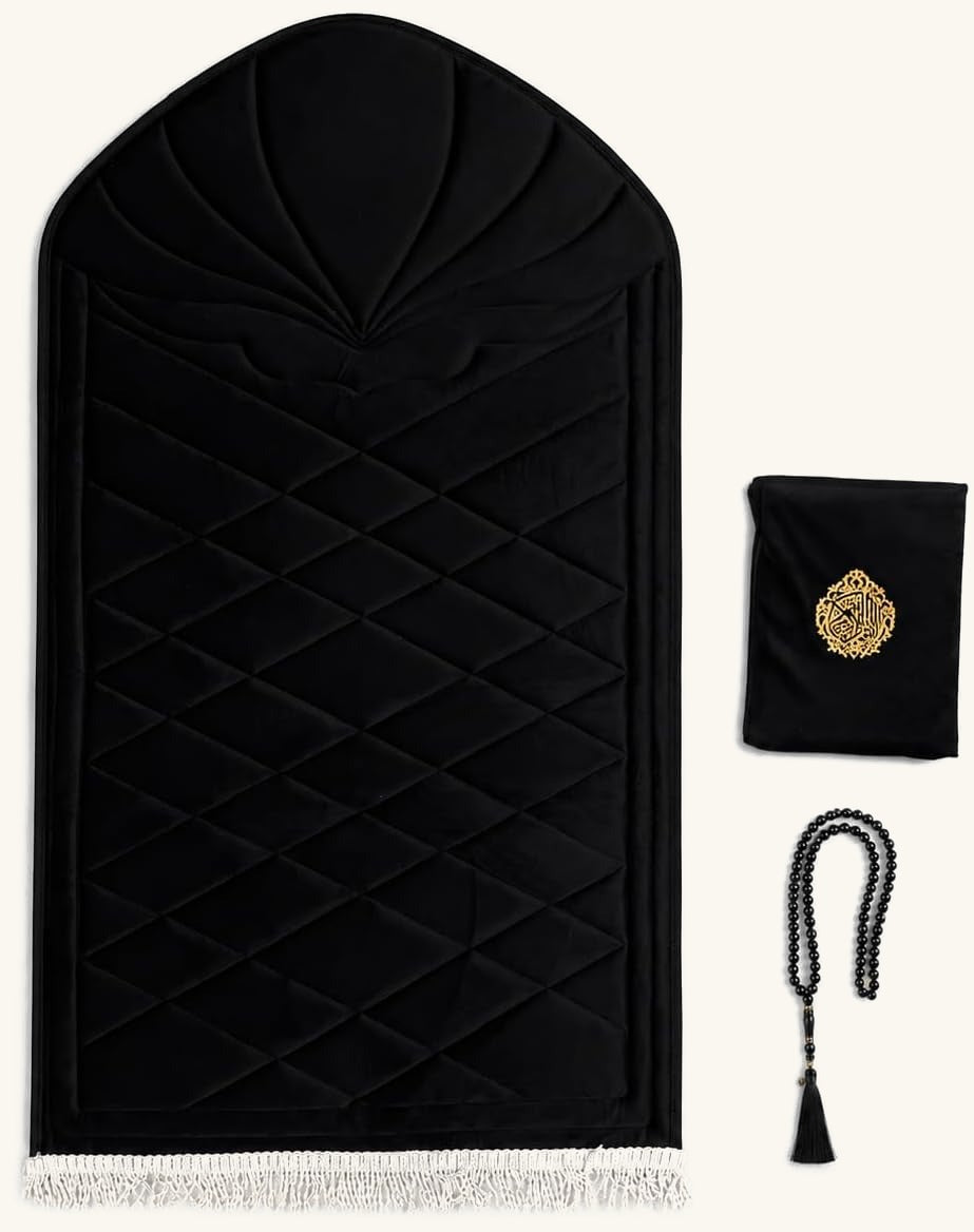 Mihrab prayer set in black velvet with matching Quran cover and tasbih