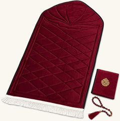 Mihrab prayer set in maroon velvet with matching Quran cover and tasbih