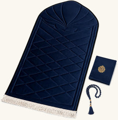 Mihrab prayer set in navy velvet with matching Quran cover and tasbih