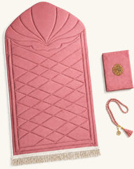 Mihrab prayer set in pink velvet with matching Quran cover and tasbih