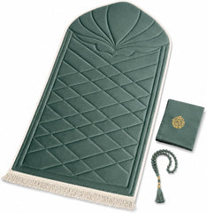 Velvet mihrab prayer mat with Quran cover and tasbih