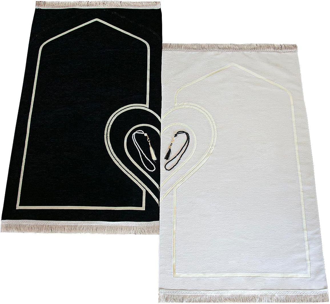 Matched pair of prayer mats with prayer beads