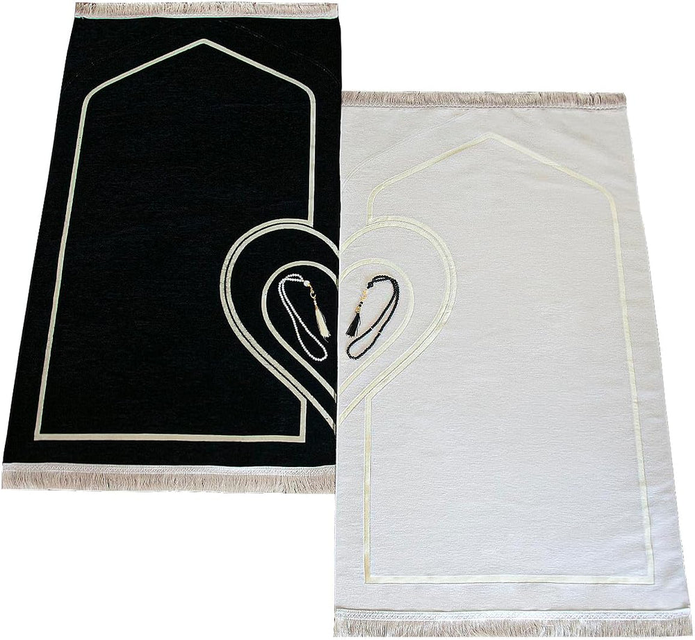 Matched pair of prayer mats with prayer beads