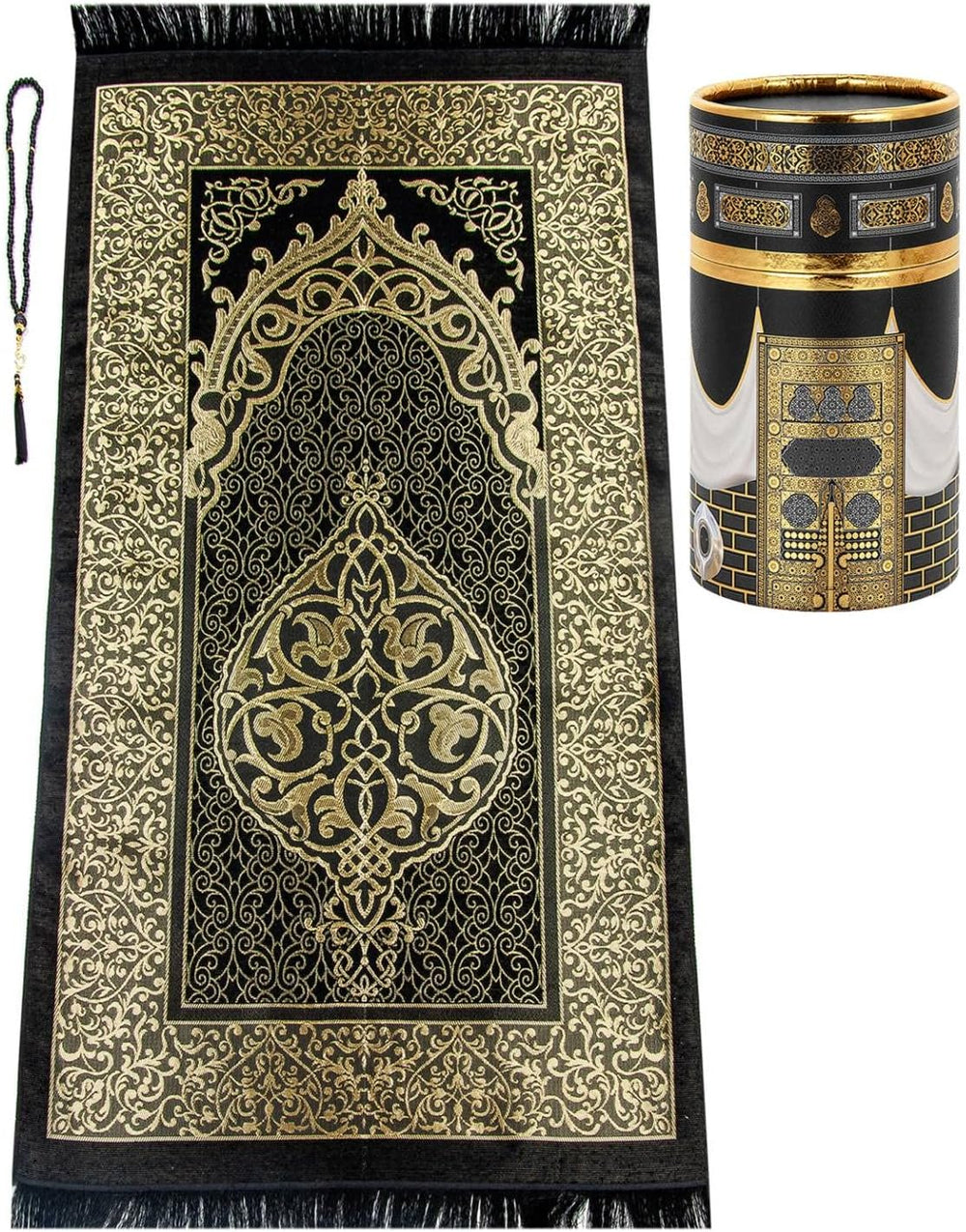 Black and gold prayer mat with tasbih and keepsake gift box