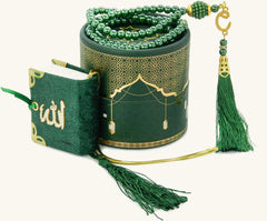 Green Islamic gift box set with mini velvet Quran, pearl tasbih and gold-patterned cylinder box
