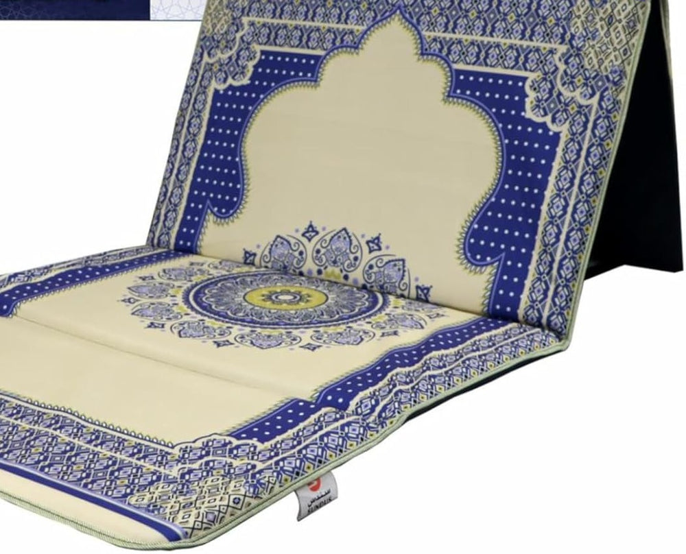 Memory foam prayer mat with fold-up backrest, assembled