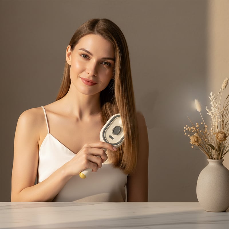 Woman brushing hair with electric spray comb