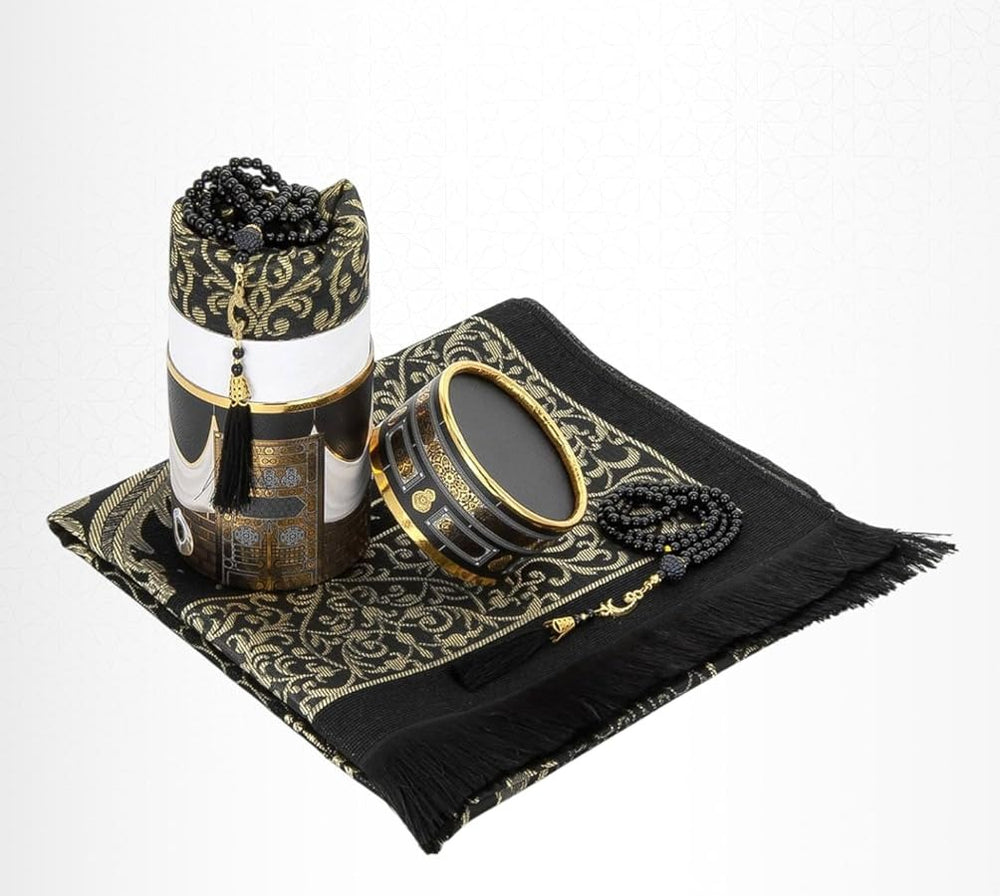 Premium prayer mat and tasbih gift set with Kaaba cylinder box