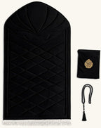 Mihrab prayer set in black velvet with matching Quran cover and tasbih