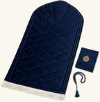 Mihrab prayer set in navy velvet with matching Quran cover and tasbih